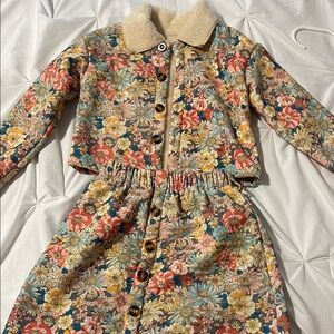 Floral jacket and skirt Kids  with Faux Fur Collar